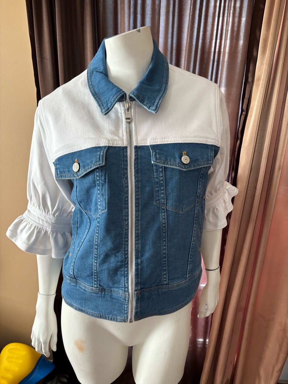 cinq a sept Blue and White Two-Tone Denim Zip Jacket
